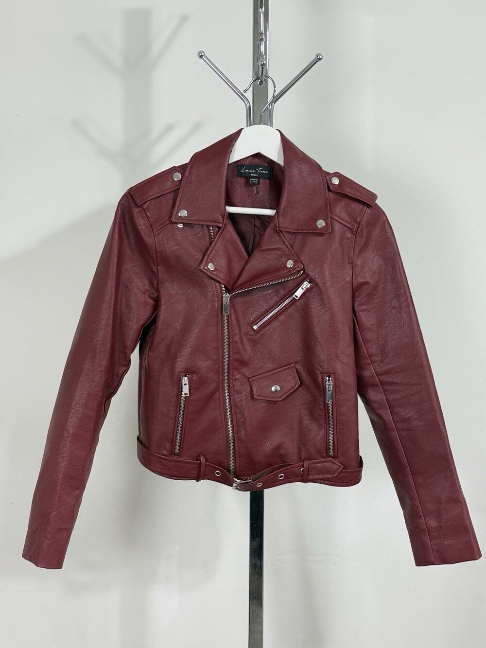 Love Tree Women’s Burgundy Faux Leather Biker Jacket Belted Moto Zip Up Size S